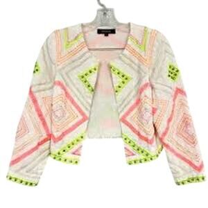 RANNA GILL Neon Embroidered Cropped Mini Jacket Size XS Anthropologie LINEN